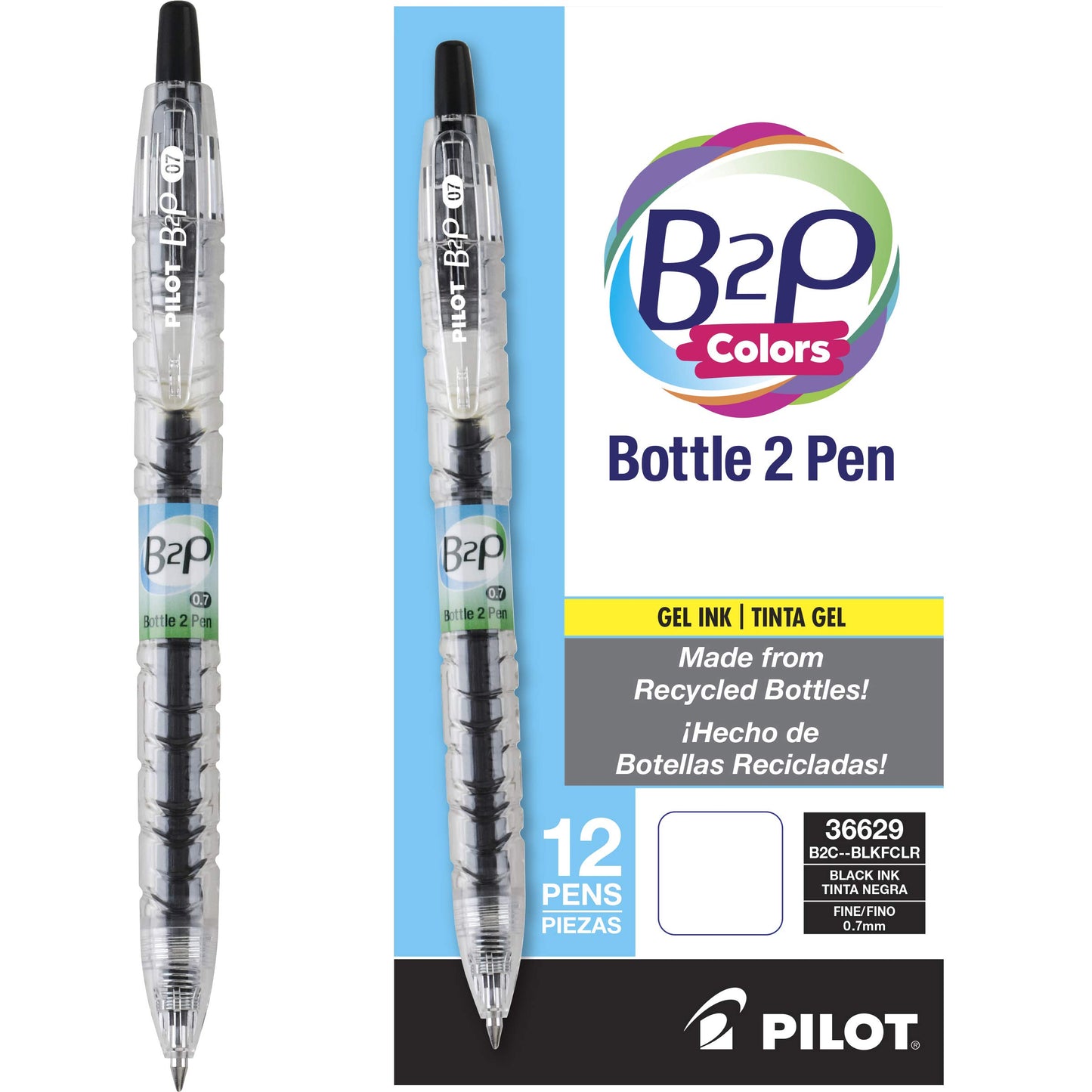 Pilot B2P Colors, Bottle to Pen, Retractable Gel Roller Pens Made from Recycled Bottles, Fine, Black Ink, Clear Barrel, Dozen Box -36629