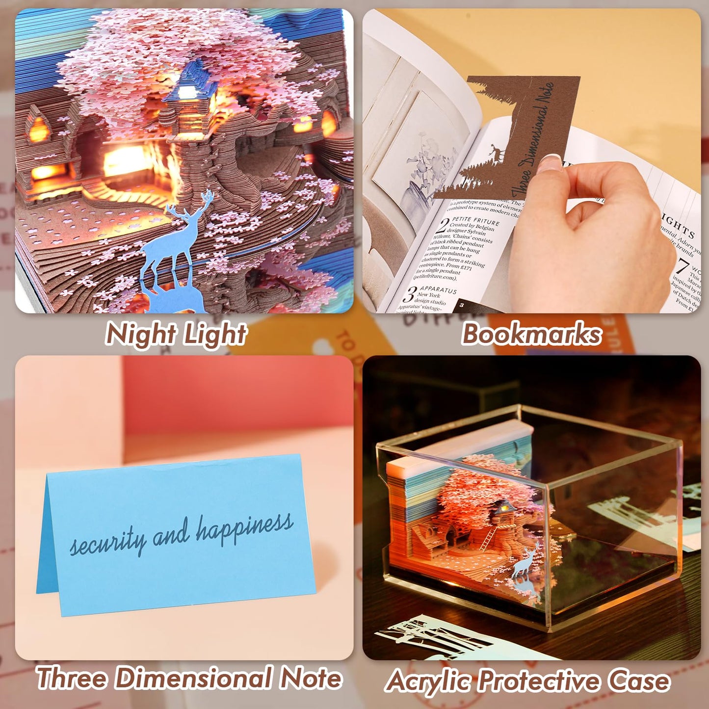 3D Calendar 2026 Memo Pad Time Piece Calendar Elk Sakura Tree House Paper Art Notepad Carving Gift Desk Decor, Art Desk Calendar DIY Notes with LED Lights/Case, Craft Sculpture Home Office Decoration