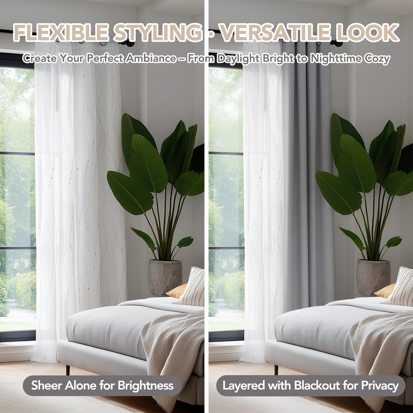 Deconovo White Semi Sheer Curtains 84 Inch Length 2 Panels Set, Grommet Voile Curtains Wave Line with Dots Printed, Elegant Home Decoration(52W x 84L Inch, White/Silver, 2 Panels)
