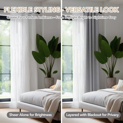 Deconovo White Semi Sheer Curtains 84 Inch Length 2 Panels Set, Grommet Voile Curtains Wave Line with Dots Printed, Elegant Home Decoration(52W x 84L Inch, White/Silver, 2 Panels)