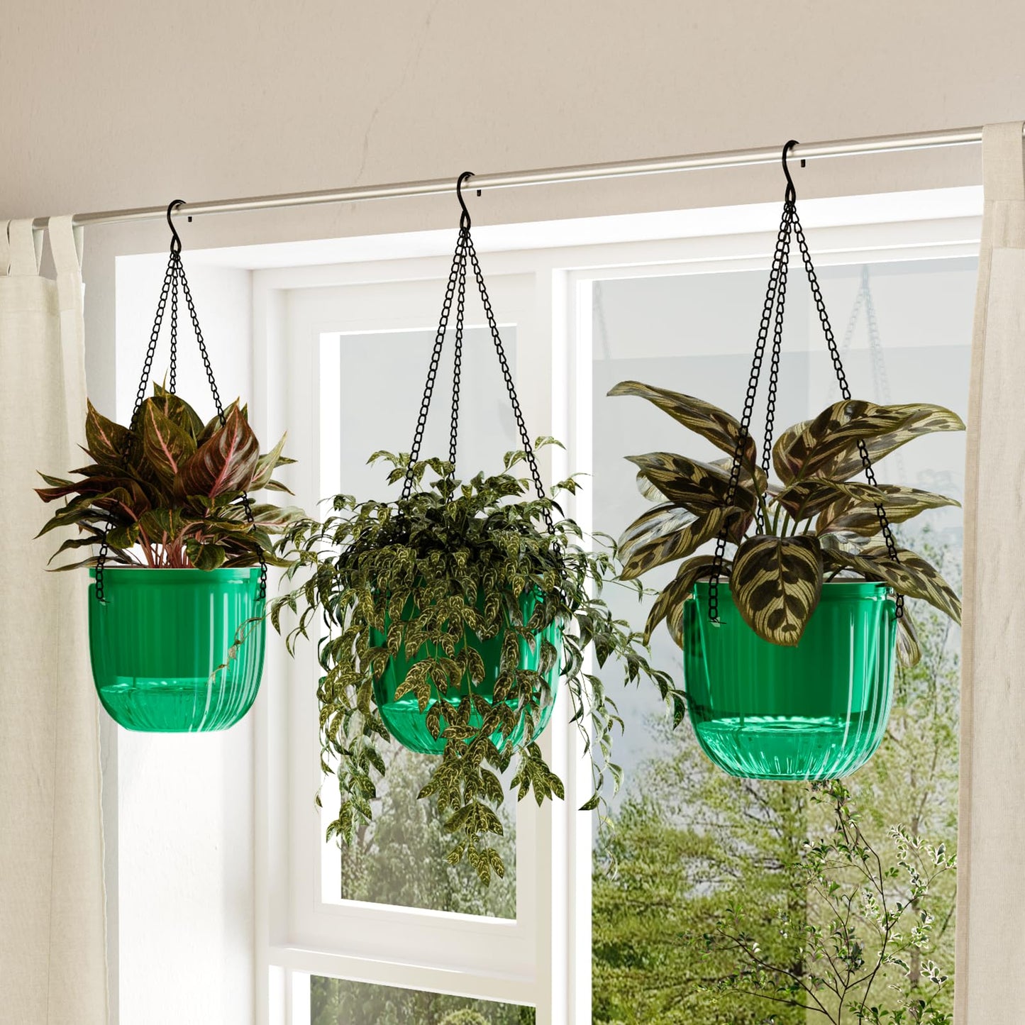 Bamworld Hanging Planters for Indoor Plants Self Watering Pots with Drainage Hole 3 Pack 6.5 Inch Outdoor Plant Hanger Hanging Pots with 3 Hooks Chains Spider Plants Live House Planters(Emerald)