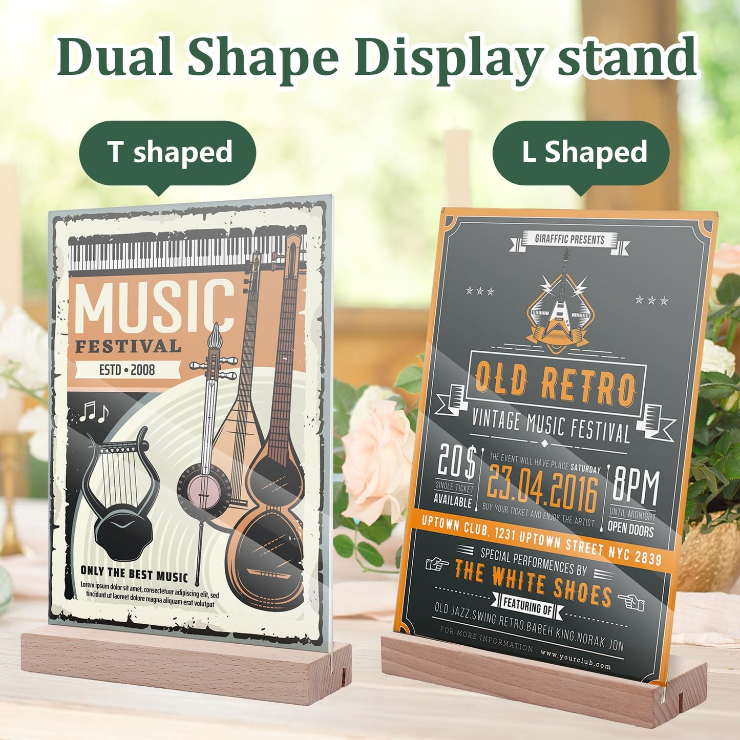 6 Pack 5 x 7 Acrylic Sign Holder with Wood Base, L/T Shape Clear Display Stand Menu Flyer Holder for Office, Wedding, Restaurants, Hotels