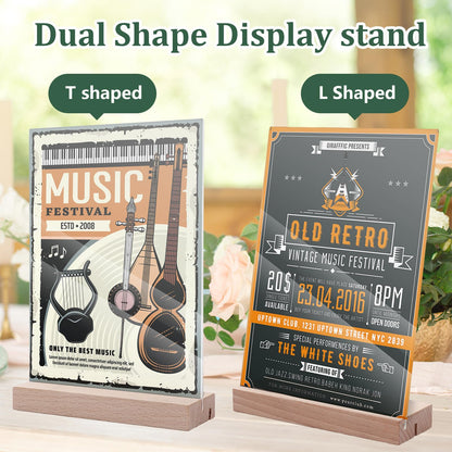 6 Pack 5 x 7 Acrylic Sign Holder with Wood Base, L/T Shape Clear Display Stand Menu Flyer Holder for Office, Wedding, Restaurants, Hotels