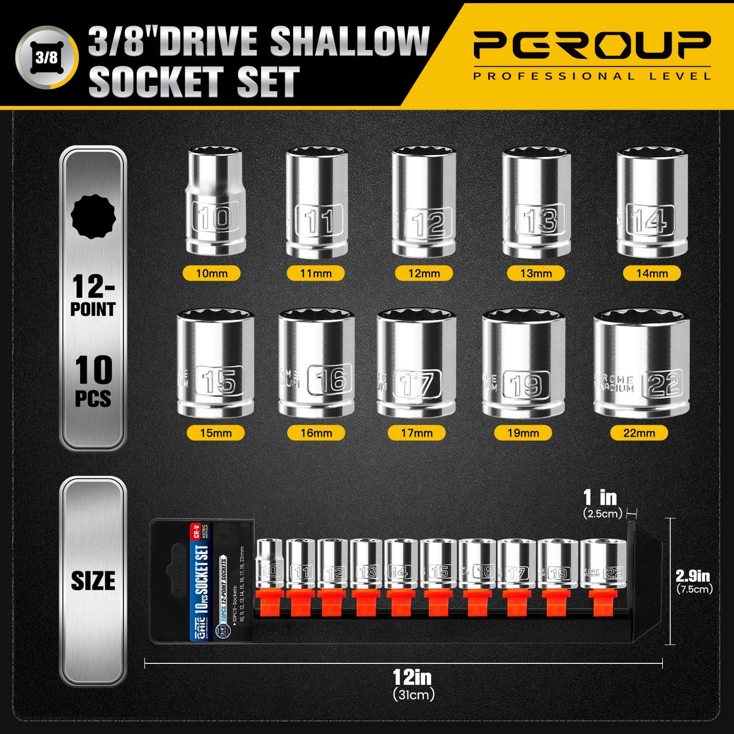 3/8 Inch Drive Socket Set - 10 Piece Metric 12-Point Shallow Socket Set (10mm, 11mm, 12mm, 13mm, 14mm, 15mm, 16mm, 17mm, 19mm, 22mm), Chrome Vanadium Steel