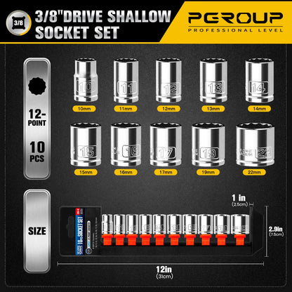 3/8 Inch Drive Socket Set - 10 Piece Metric 12-Point Shallow Socket Set (10mm, 11mm, 12mm, 13mm, 14mm, 15mm, 16mm, 17mm, 19mm, 22mm), Chrome Vanadium Steel