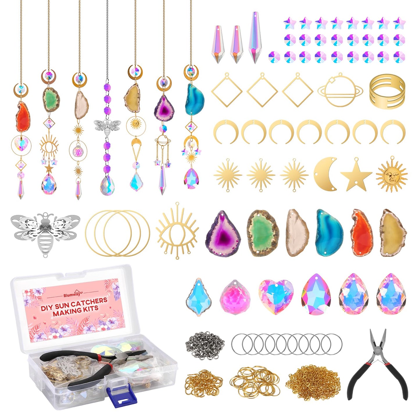 Blumway 168 PCS DIY Sun Catchers Making Kits Craft for Adults,Crystal Suncatcher Indoor Window Hanging with Crystals Light Catcher with Prisms and Agate Slices