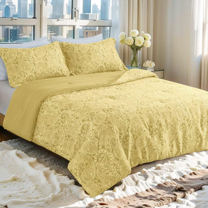 UDEAL Queen Comforter Set 3 Pieces，Yellow Paisley Soft Fluffy Comforter for Queen Size Bed，All Season Warm Bedding Set with Comforter