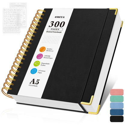 Dotted Journal Spiral Notebook, 300 Pages Leather Notebooks with Contens, 120 GSM Thick No Bleed Through Paper Journals, A5 Dot Grid Notebook for Women Men School Work Writing, 5.5" x 8", Black