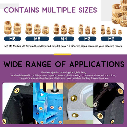 Swpeet 300Pcs 5 Values M2 M3 M4 M5 M6 Female Thread Knurled Nuts Brass Threaded Insert Embedment Nuts Hydraulic Welded Joint Injection Molding Assortment Kit Perfect for 3D Printing Injection Molding