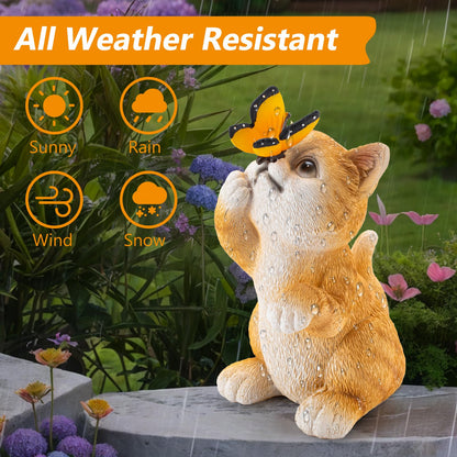 Solar Garden Cat Statue,Resin Outdoor Cat Decor with Solar Butterfly Changing Light for Yard Lawn Patio Home,Unique Gift for Mom Women Grandma
