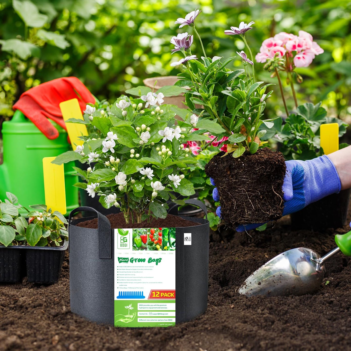 BOGI Grow Bags 12 Pack 3 Gallon Grow Bags Heavy Duty Thickened Nonwoven Grow Bag with Durable Habdles Fabric Pot for Vegetable Flower Potato Garlic Indoor Outdoor Plants + 12 Waterproof Plant Labels