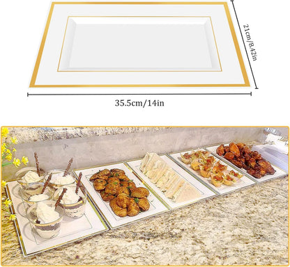 12 Pcs White Plastic Serving Trays with Gold Rim, 14''x9'' Rectangle Dessert Trays for Dessert Table, Disposable Platters Cookie Cupcake Gold Serving Tray for Birthday Party Wedding