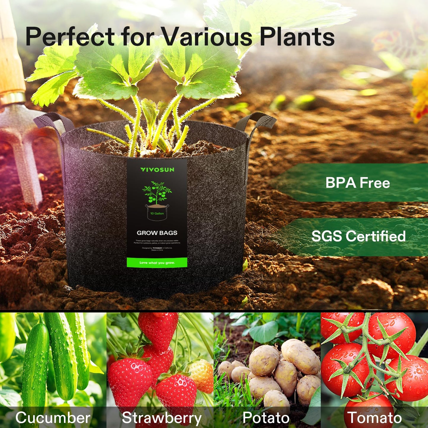 VIVOSUN 5-Pack 10 Gallon Grow Bags Heavy Duty 300G Thickened Nonwoven Plant Fabric Pots with Handles