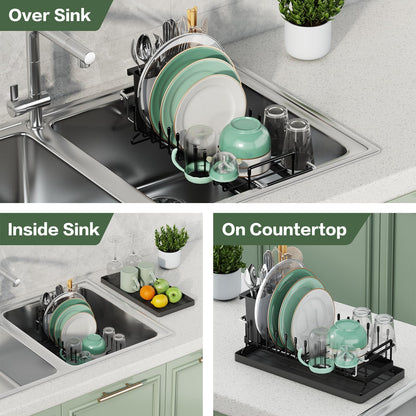 Dish Drying Rack - Aufworld Expandable Small Sink Dish Rack with Silicone Drying Tray, Over Sink Dish Drainer for Kitchen Counter with Utensil Holder, Drain Rack Fit for 14’’-19’’ Kitchen Sink