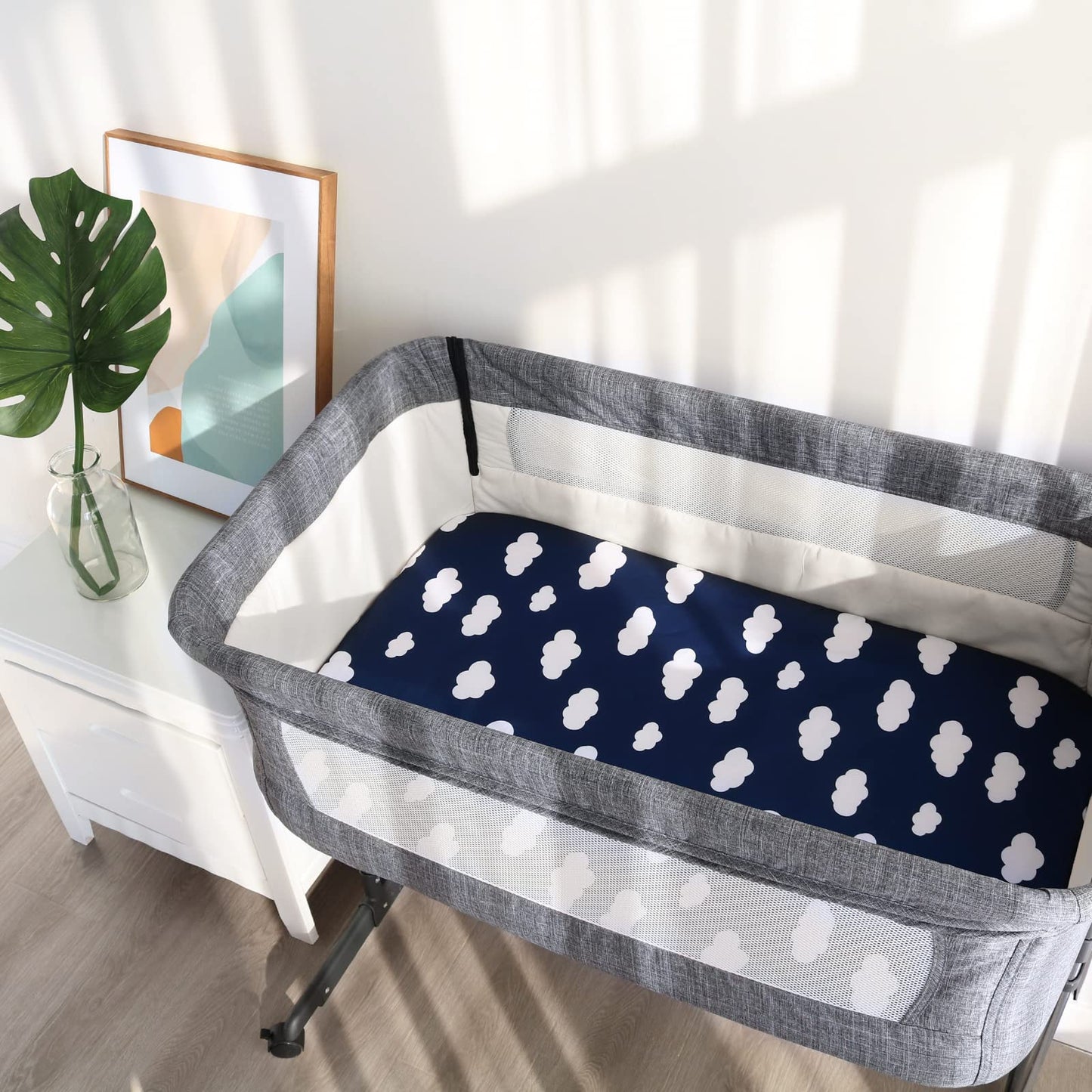 Bassinet Fitted Sheet(33" x 20"), 4 Pack for Most Bedside Sleeper Bassinet, Bassinet Sheets, Breathable & Soft Microfiber, Grey/Navy