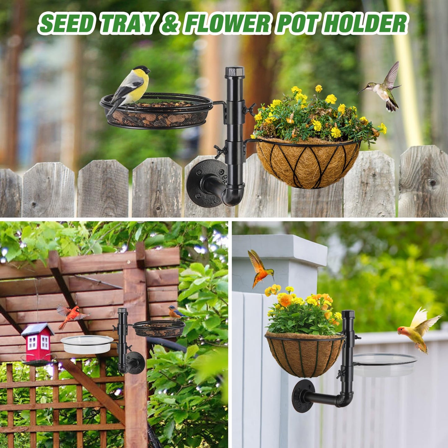 Urban Deco Wall Mounted Bird Feeder Tree Mount Bird Feeder Bird Feeder Bath Detachable Feeder Tray with 2 Water Bowls for Balcony, Yard, and Fence, Tree,Black