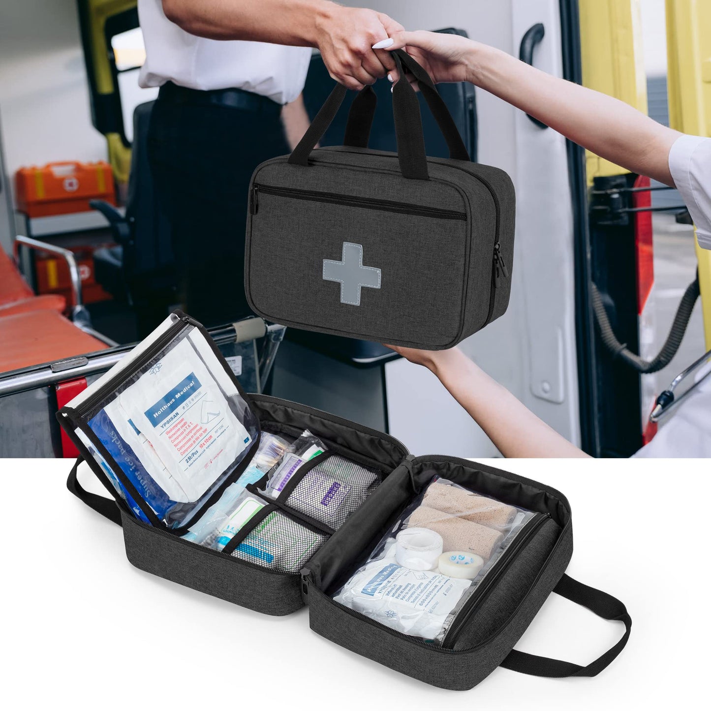 CURMIO Small First Aid Bag, Empty Emergency Trauma Kit Organizer Bag for Hiking, Camping, Car, Travel, Home and Outdoor, Accessories Not Included, Empty Bag, Black