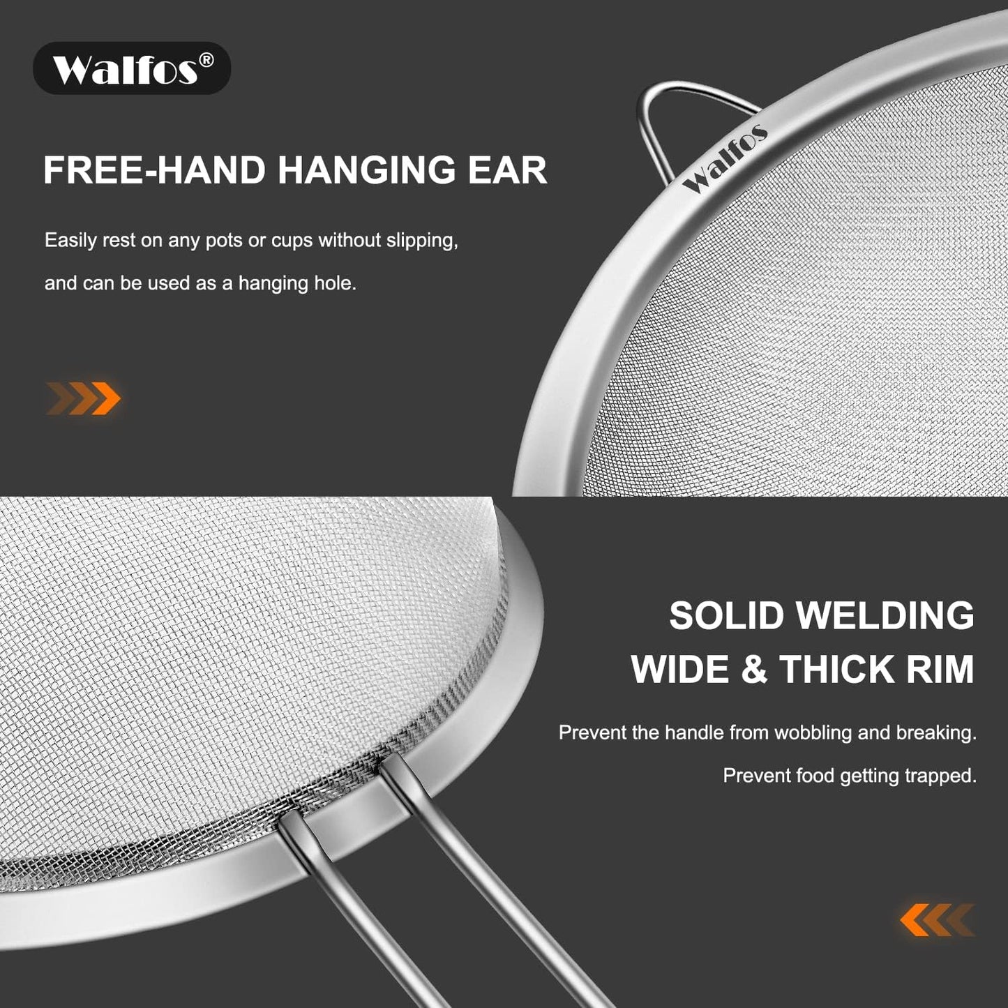 Walfos Fine Mesh Strainer Set of 4-9.5", 7", 4.7", 2.8", Multipurpose Stainless Steel Mesh Sieve with Handle, Kitchen Fine Strainers Sifters for Food, Rice, Quinoa, Fruits, Vegetables, Tea
