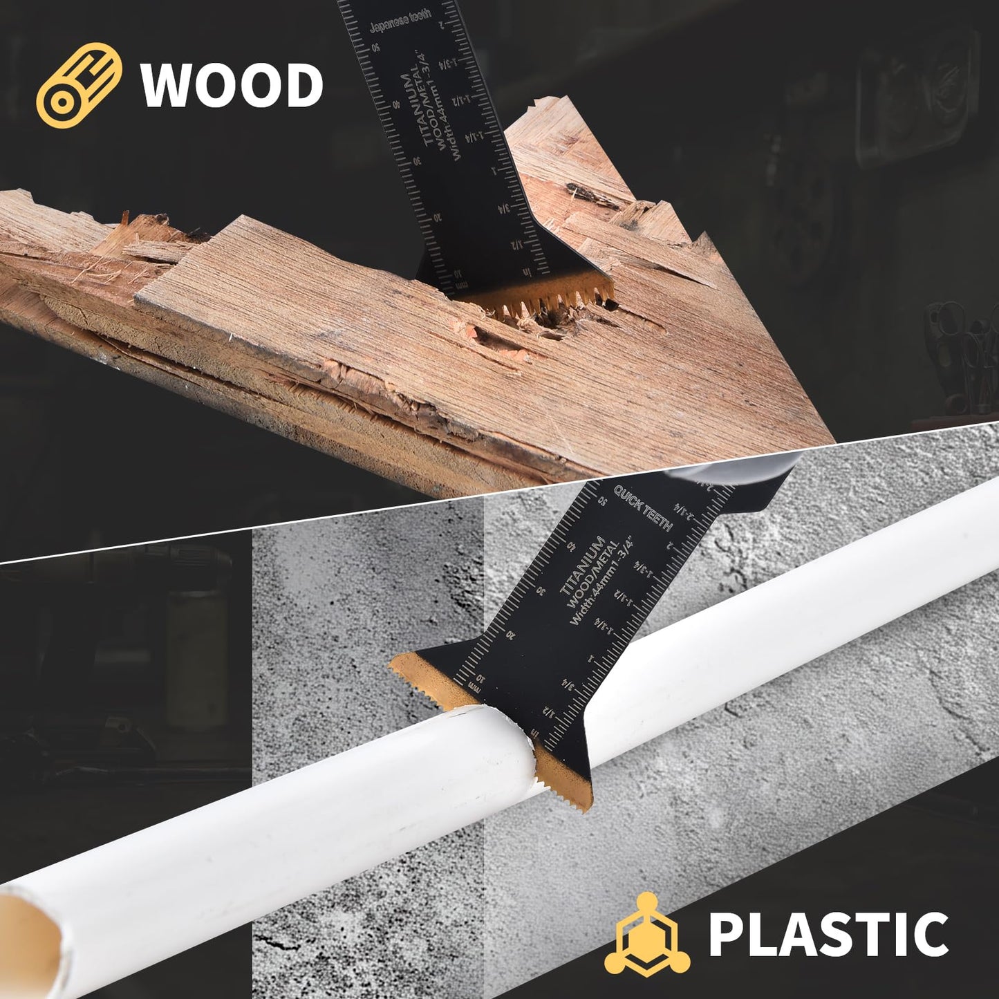 LONGTERM 10PCS Bi-Metal Titanium-Coated Oscillating Saw Blades Multi Tool Blades Set for Wood/Metal/PVC Cutting, Quick Release Durable Blades Compatible with DeWalt, Makita, Ryobi