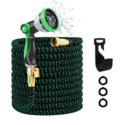 25ft Expandable Garden Hose, Water Hose with 10 Function Nozzle, Flexible Hose with 3/4" Solid Brass Fittings, Extra Strength Fabric, Easy Storage Kink Free, Black & Green