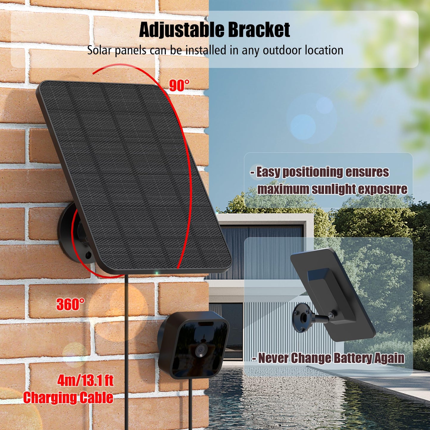 Rhorawill Solar Panel for Blink Outdoor 4(4th Gen)/Blink Outdoor(3rd Gen) XT3 and Blink XT2/XT Camera(Not Included)/Blink Outdoor Camera,Blink Solar Panel with Mount 13.1ft Cable Rubber Plug