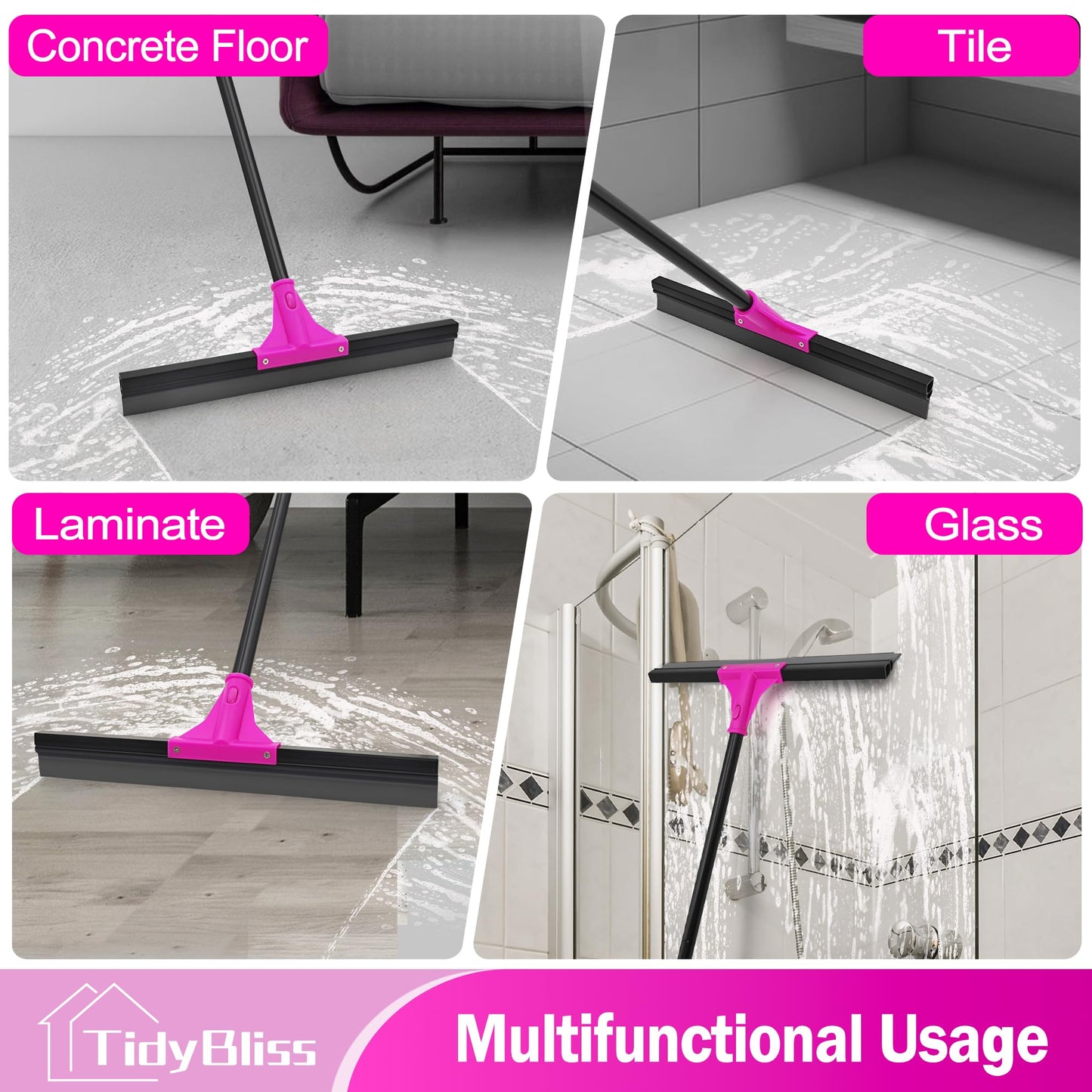 TidyBliss Floor Squeegee Heavy Duty, 18 inches Large Rubber Foam Water Scraper Broom Epoxy Wiper Mop with 58.3 inches Long Handle for Cleaning Concrete Pool Rug Garage Deck Shower Window Outdoor