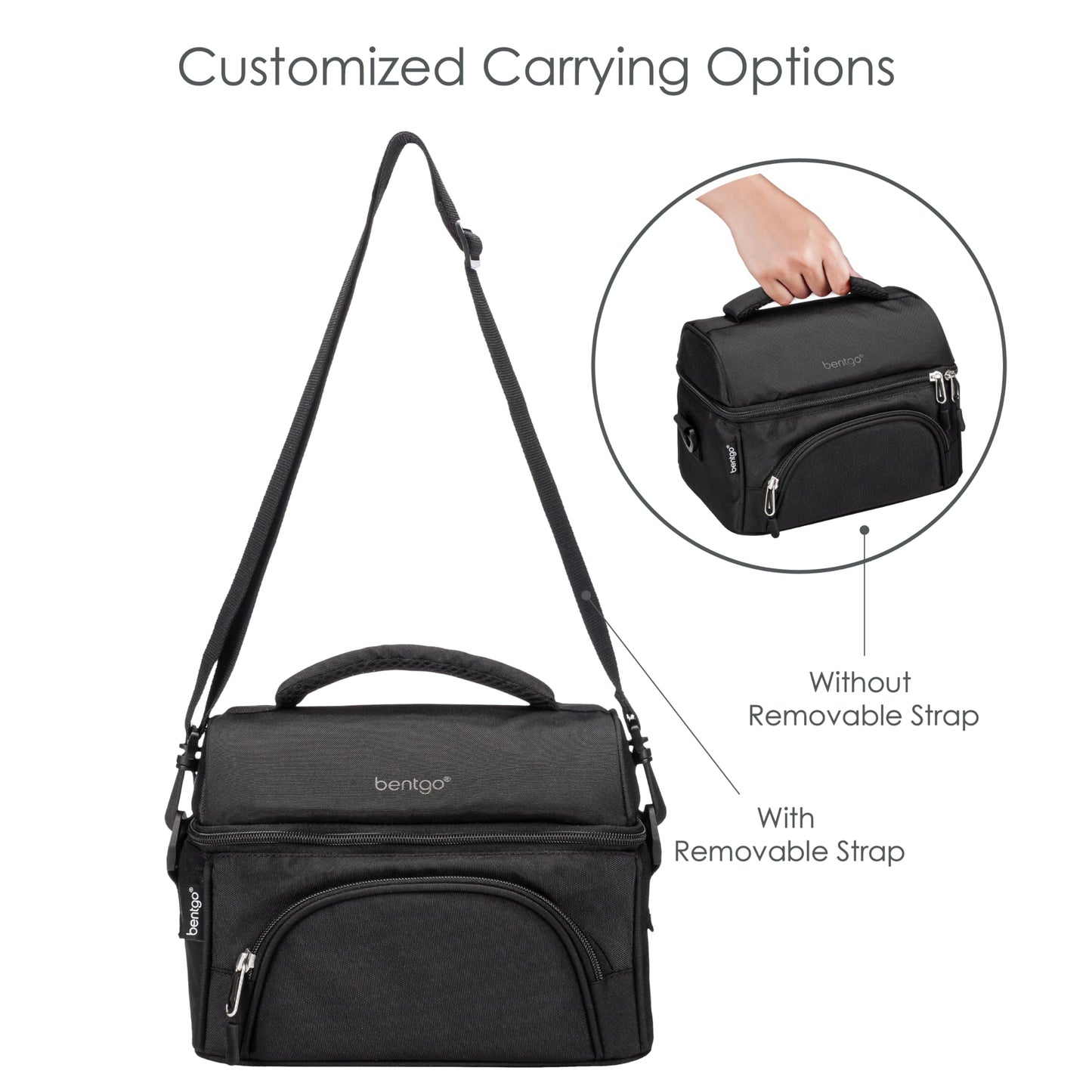 Bentgo Deluxe Lunch Bag - Durable and Insulated Lunch Tote with Zippered Outer Pocket, Internal Mesh Pocket, Padded and Adjustable Straps, & 2-Way Zippers - Fits All Bentgo Lunch Boxes (Carbon Black)