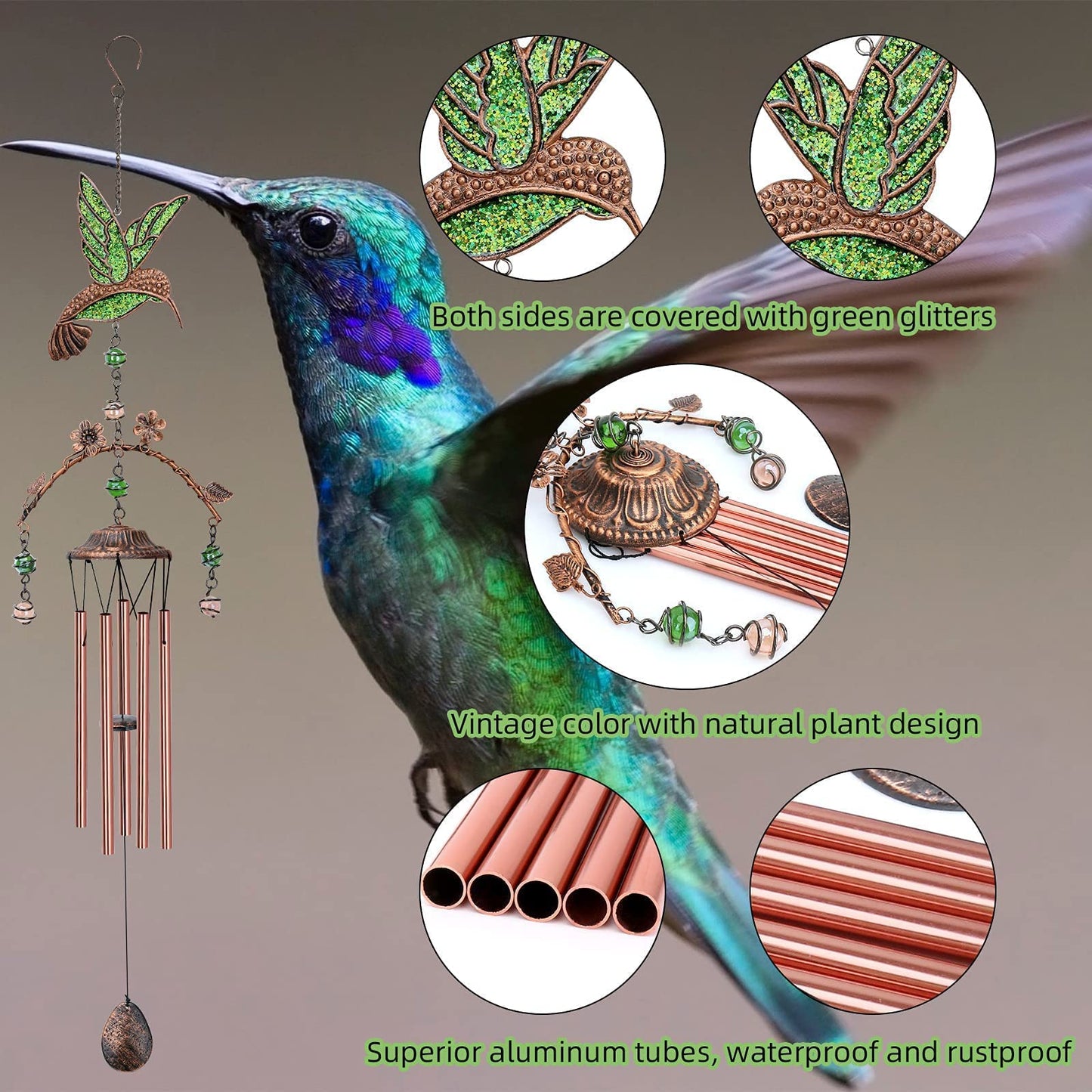 Wind Chimes - Green Hummingbird Wind Chimes for Outside Deep Tone 34 inches 5 Aluminum Tubes, Birthday, Mother's Day, Hummingbird Gifts for Mom, Grandma, Decorations for Home, Garden, Patio, Backyard