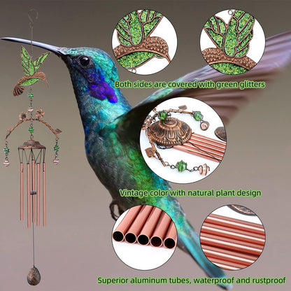 Wind Chimes - Green Hummingbird Wind Chimes for Outside Deep Tone 34 inches 5 Aluminum Tubes, Birthday, Mother's Day, Hummingbird Gifts for Mom, Grandma, Decorations for Home, Garden, Patio, Backyard