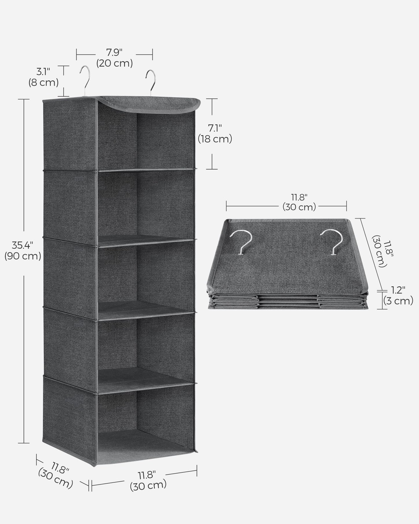 SONGMICS Hanging Closet Organizer, Set of 2, Hanging Storage Shelves, Space-Saving and Foldable, Metal Hooks and Bamboo Inserts, Gray