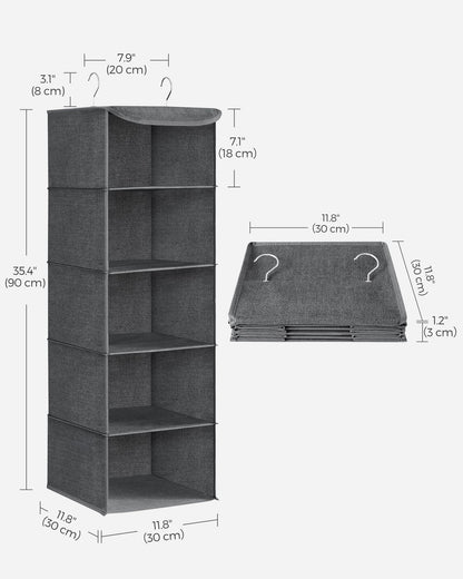 SONGMICS Hanging Closet Organizer, Set of 2, Hanging Storage Shelves, Space-Saving and Foldable, Metal Hooks and Bamboo Inserts, Gray