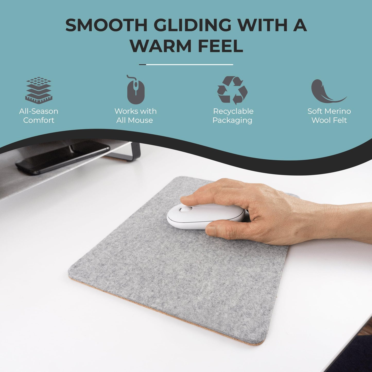 BeaverPeak Merino Wool Mouse Pad, No Logo - 11.5" x 8.75" - Antimicrobial Felt Mouse Pad - Anti Slip Cork, Black Mousepad, Soft Merino Wool and Cork | Made in Canada, Zero Polyester (Black)