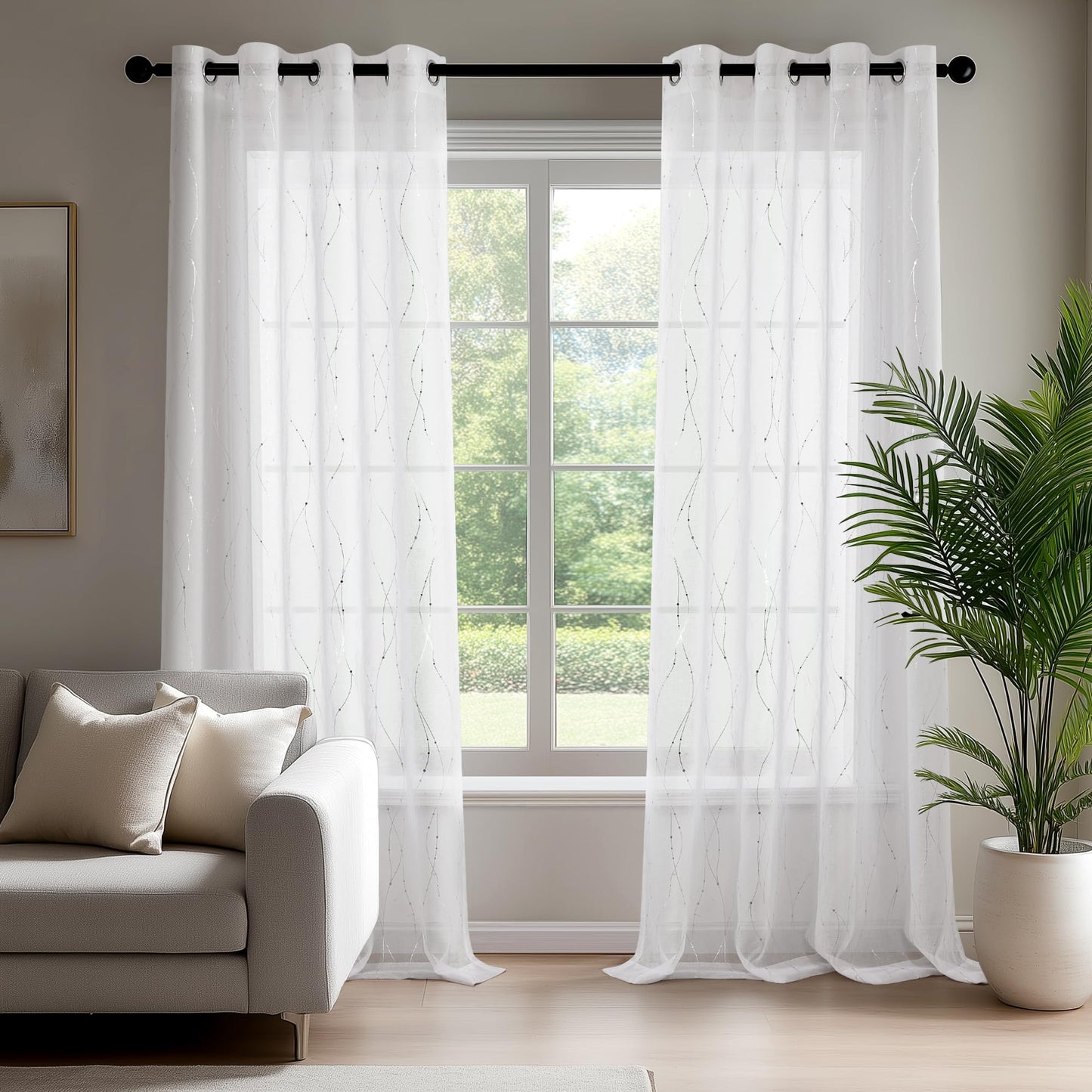 Deconovo White Semi Sheer Curtains 84 Inch Length 2 Panels Set, Grommet Voile Curtains Wave Line with Dots Printed, Elegant Home Decoration(52W x 84L Inch, White/Silver, 2 Panels)