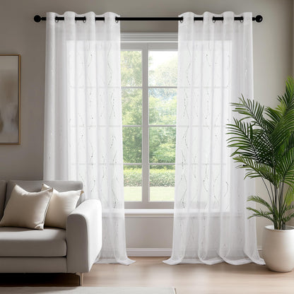 Deconovo White Semi Sheer Curtains 84 Inch Length 2 Panels Set, Grommet Voile Curtains Wave Line with Dots Printed, Elegant Home Decoration(52W x 84L Inch, White/Silver, 2 Panels)