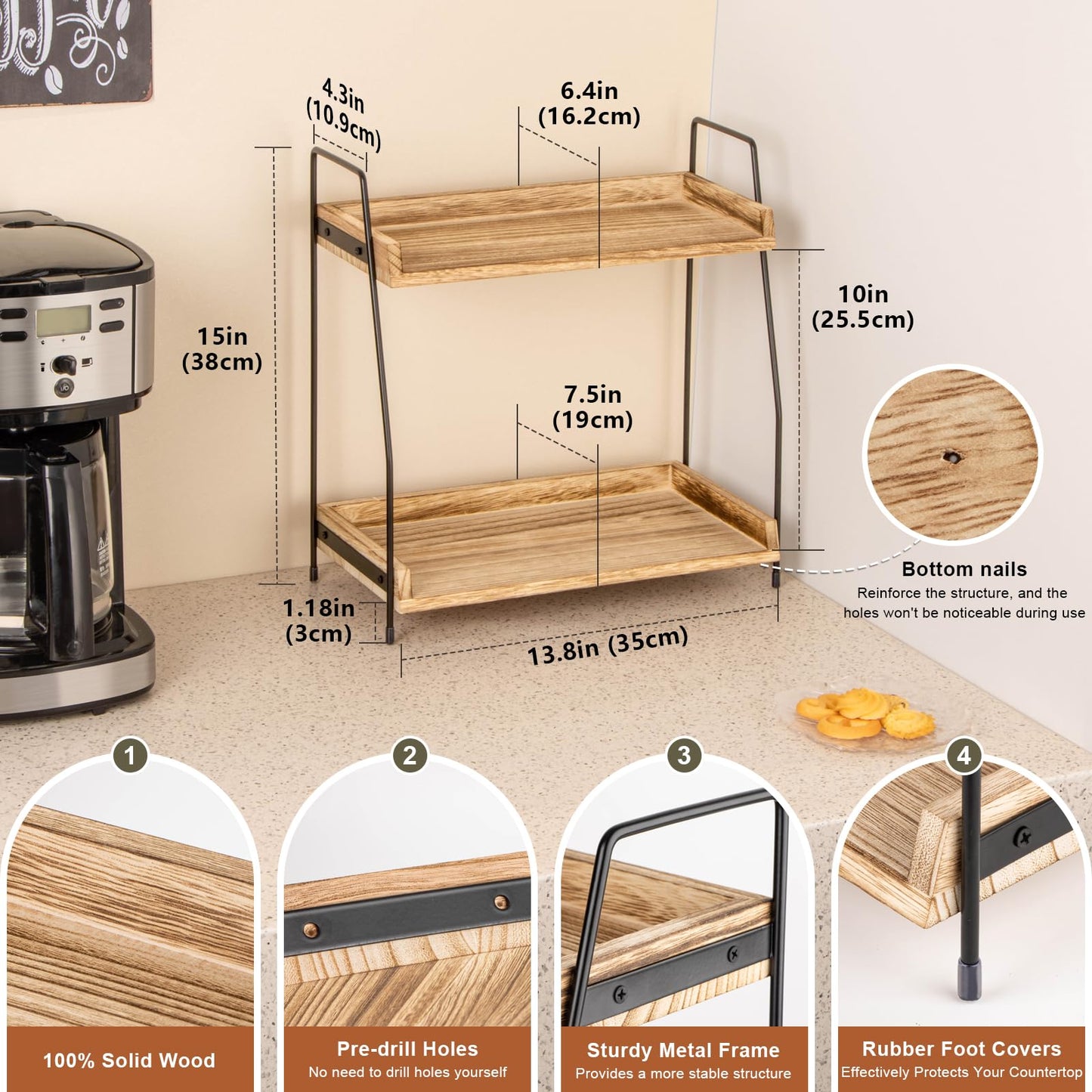 ANBOXIT Coffee Station Organizer for Countertop, Coffee Bar Accessories and Organizer, Wooden Kitchen Counter Shelf, 2 Tier Coffee Condiment Storage, Coffee Caddy for Kitchen, Home, Office - Brown