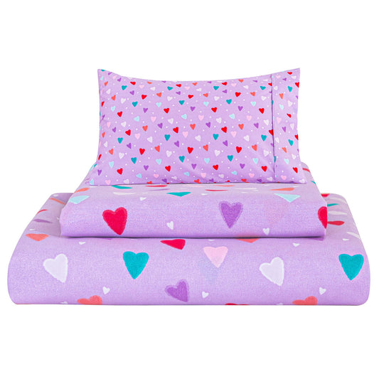 Viviland Kids Twin Sheet Set - Girls Purple Twin Sheet Set - Kids Toddlers Twin Microfiber Single Fitted Sheets and Pillowcase - Colorful Hearts Printed