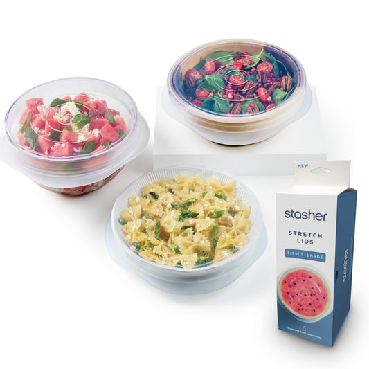 Stasher Premium Reusable Silicone Stretch Lids 3-Pack Box - Large, Clear, 9” Lids, Airtight Seal, Food Container Covers, BPA Free, Leak-Free, Dishwasher Safe, Microwave Safe, Eco-Friendly
