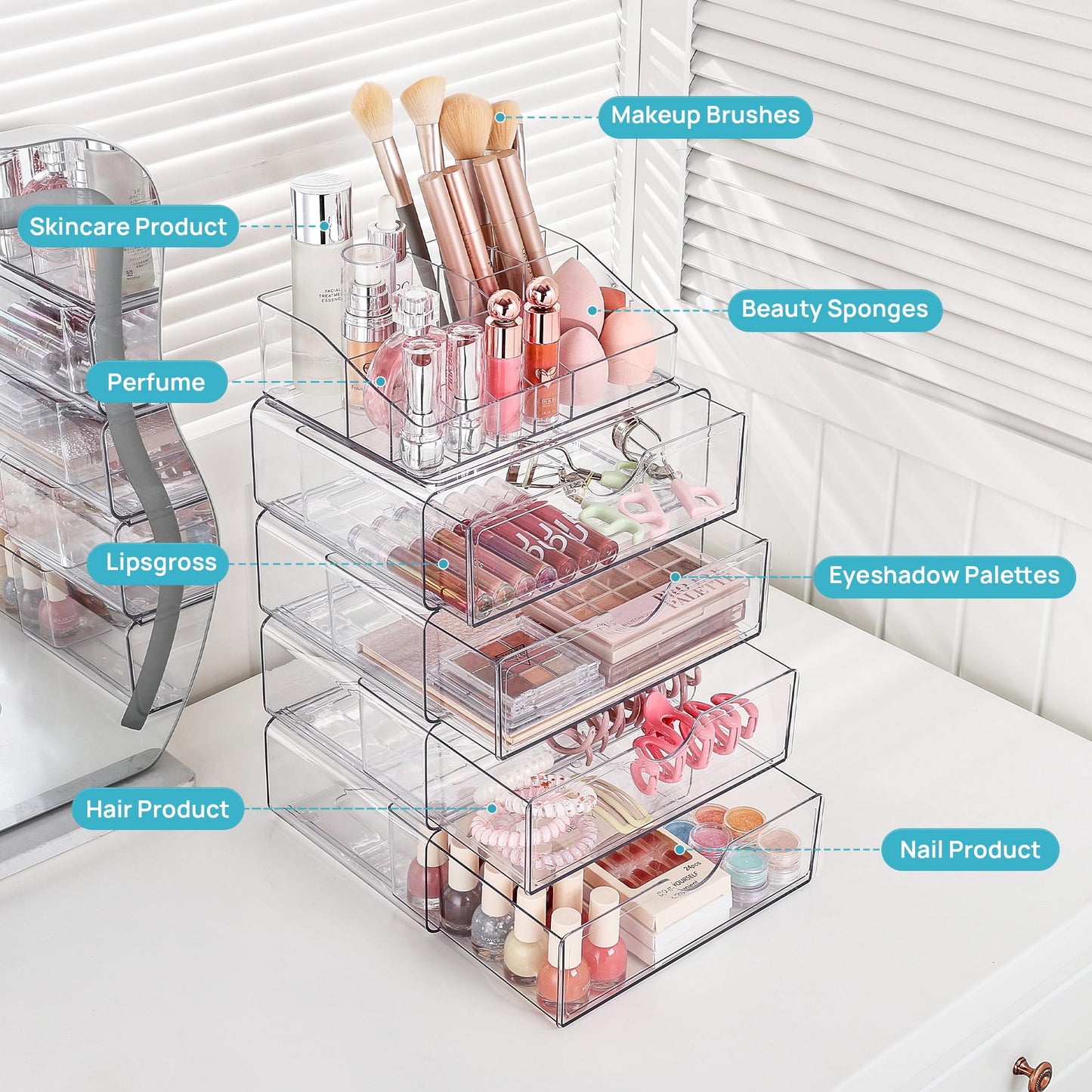 Vtopmart 3 Tier Clear Makeup Organizer with Drawer, Cosmetic Storage for Dresser Countertop and Bathroom Vanity, Skincare Organizer for Lipstick Brush Holders