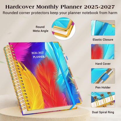 Planner 2026-2027, 18 Months Weekly and Monthly Daily Planner from January 2026 - June 2027, 8.5" x 11" A4 Large Hardcover Agenda Organizer Book 2026 with Tabs, Spiral Yearly Calendar Planners for School Work Home, Colorful Feather