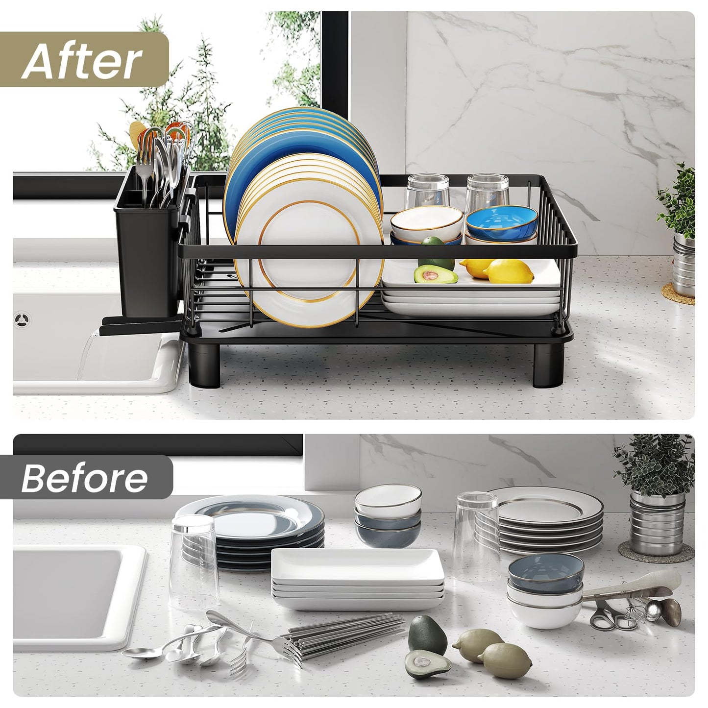 Dish Drying Rack - Small Dish Rack for Kitchen Counter, Stainless Steel Dish Drainer with Utensil Holder and Drainboard (Black)