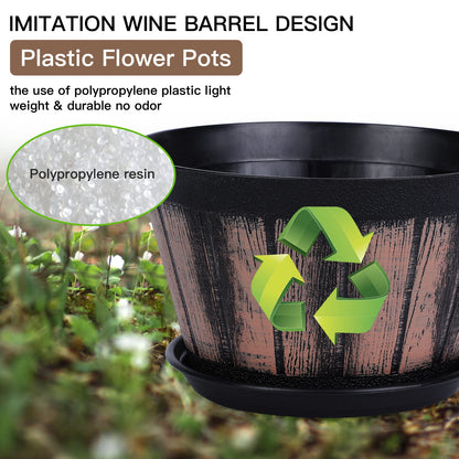 Quarut Plant Pots Set of 4 Pack 8 inch.Whiskey Barrel Planters with Drainage Holes & Saucer.Plastic Decoration Flower Pots Imitation Wine Barrel Design,Canbe for Indoor & Outdoor Garden Home Plants.