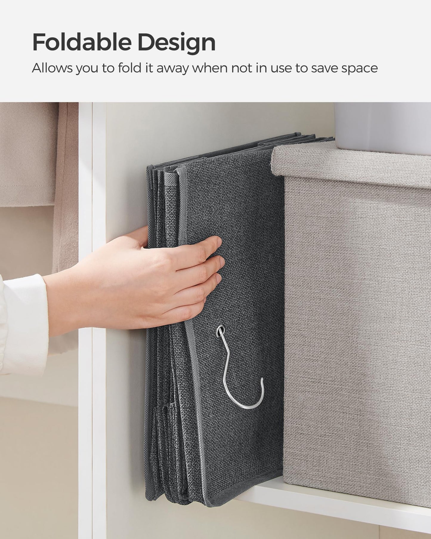 SONGMICS Hanging Closet Organizer, Set of 2, Hanging Storage Shelves, Space-Saving and Foldable, Metal Hooks and Bamboo Inserts, Gray