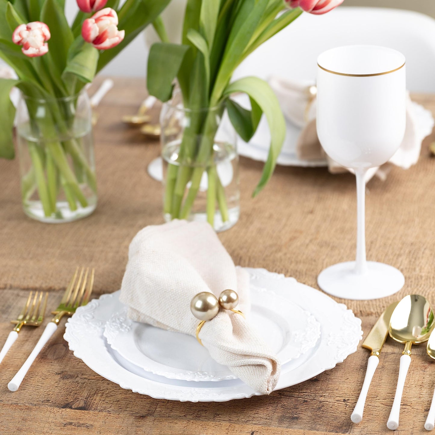 PLASTICPRO 32 Pack Elegant Disposable Plastic Plates Combo Set Includes 16 Dinner Plates and 16 Salad Heavy Duty Fancy Party Plates White Embossed Victorian Design