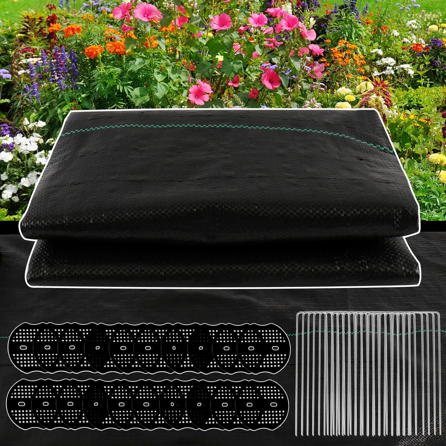 automoris 3ft*50ft Garden Weed Barrier Landscape Fabric, 3.2oz Woven Heavy Duty Garden Ground Cover, Weed Fabric Gardening Mat with 20 U-Shaped Securing Pegs+20 Gasket for Flower Bed