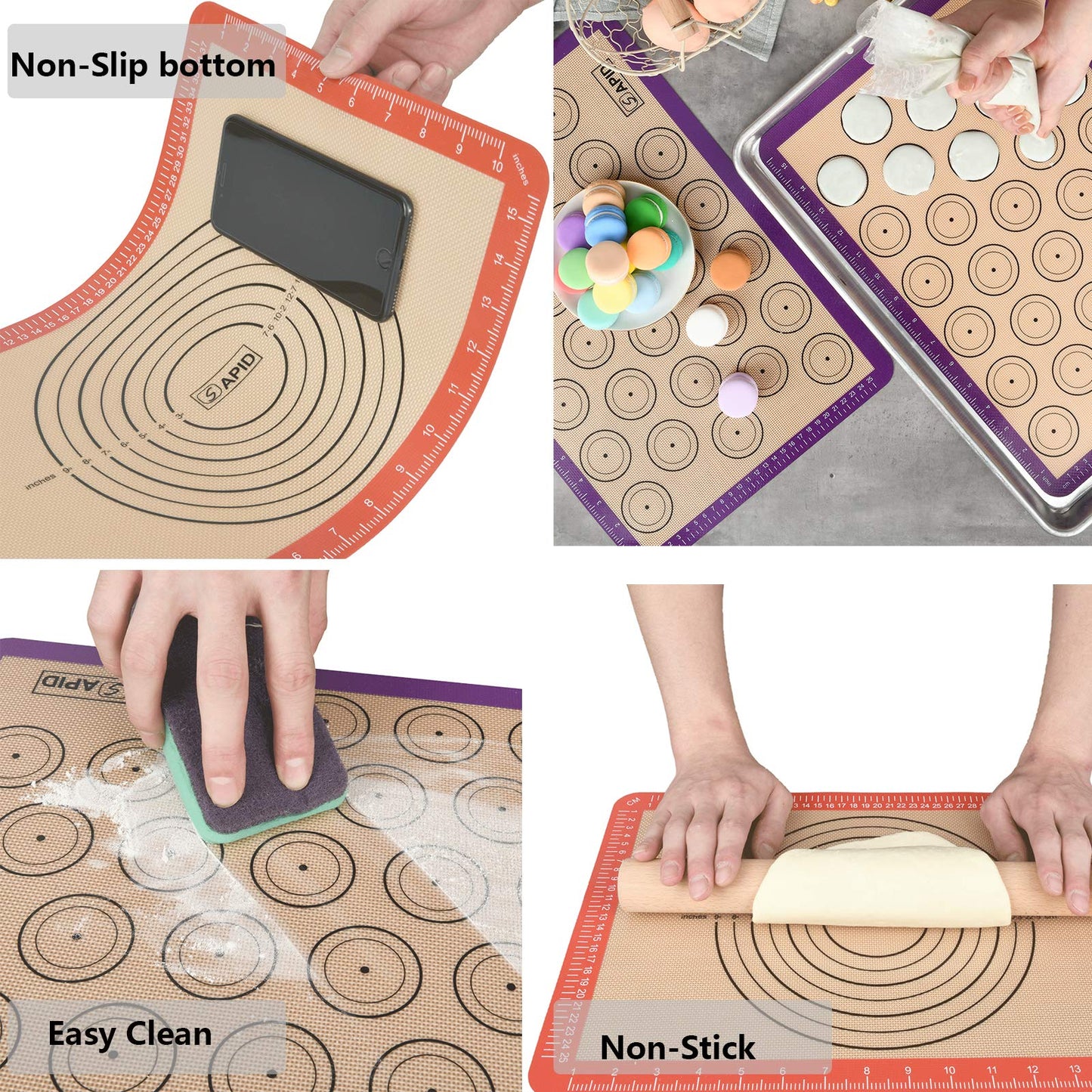Sapid 4 Pieces Silicone Baking Mats with Measurement, Resuable Non-Stick Silicon Baking Sheet Liners for Oven Pan, Macaron/Cookies Making, Heat- Resistance Countertop Mat (2 Half + 2 Quarter Sizes)
