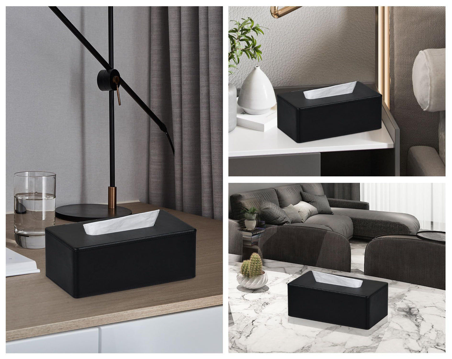 Tissue Box Cover Rectangular PU Leather Facial Tissue Dispenser Box Holder for Dresser Bathroom Decor (Black)