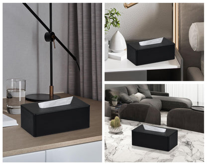 Tissue Box Cover Rectangular PU Leather Facial Tissue Dispenser Box Holder for Dresser Bathroom Decor (Black)