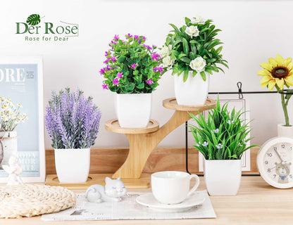 Der Rose 4 Pack Fake Plants Small Artificial Potted Faux Plants with Flowers for Home Bathroom Living Room Office Decor Indoor