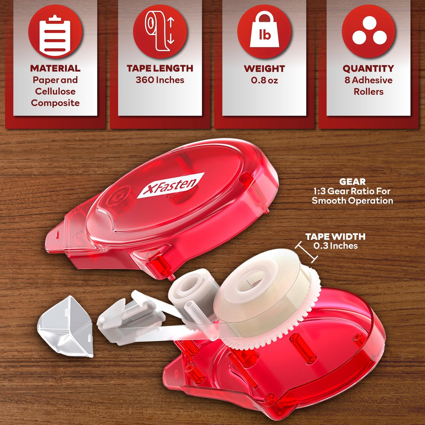 XFasten Double Sided Adhesive Scrapbook Runner Tape Roller, 0.3-inch by 360-Inch, 8-Pack, Permanent Adhesive Dots Roller Applicator, Acid-Free and Archival Safe Scrapbooking Tape