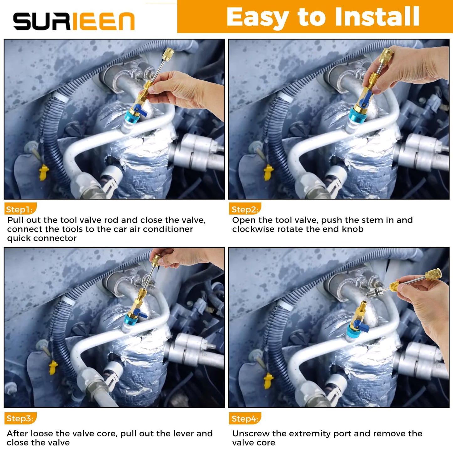 Surieen R134A Valve Core Quick Remover Installer Tool Set, AC High Low Pressure Valve Core Remover Tools Kit for R134A Refrigerant Air Conditioner System
